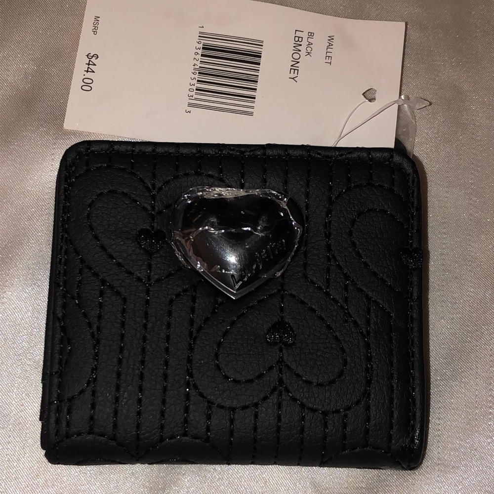 Betsey Johnson Luv Betsey Black Faux Leather Snap Card Wallet Embroidered Hearts